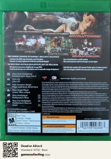 Dead or Alive 6 Xbox One, NTSC box back