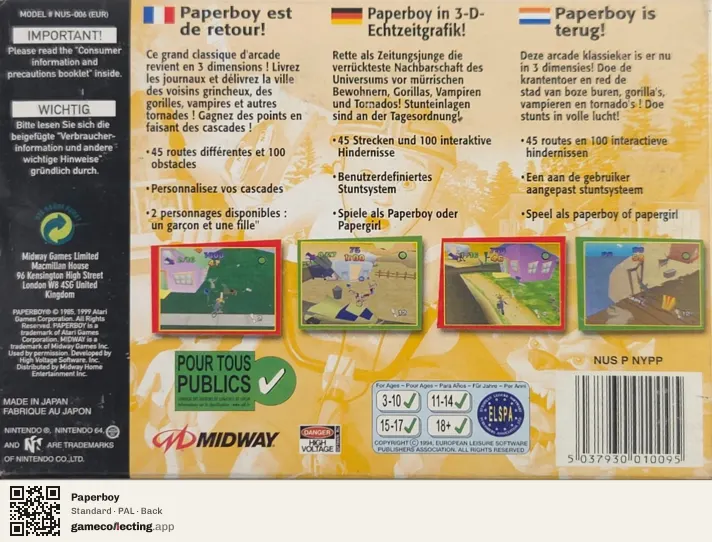 Paperboy Nintendo 64, PAL box back