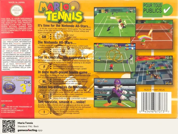 Mario Tennis Nintendo 64, PAL box back