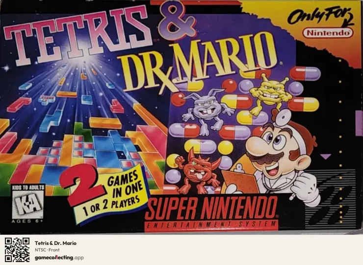 Tetris & Dr. Mario Super Nintendo Entertainment System, NTSC box front