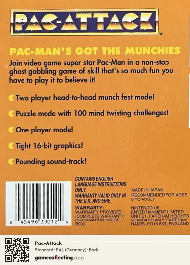 Pac-Attack Super Nintendo Entertainment System, Germany box back
