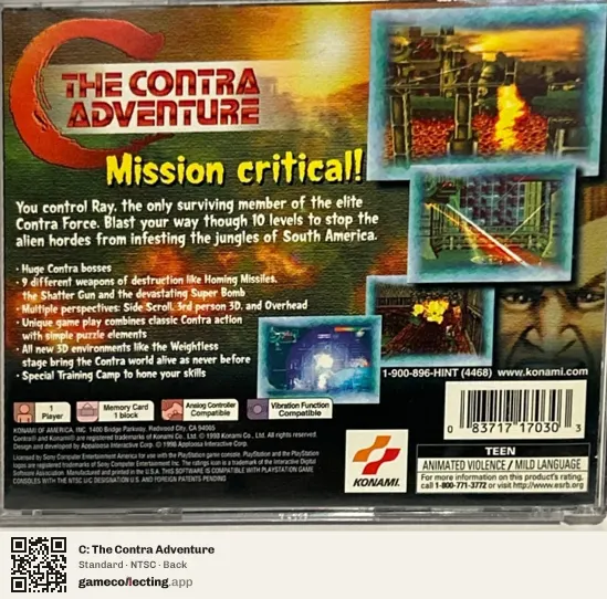 C: The Contra Adventure PlayStation, NTSC box back