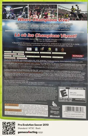 Pro Evolution Soccer 2010 Xbox 360, NTSC box back