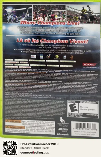 Pro Evolution Soccer 2010 Xbox 360, NTSC box back