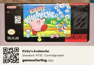Kirby's Avalanche Super Nintendo Entertainment System, NTSC cartridge label