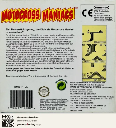 Motocross Maniacs Game Boy, PAL box back