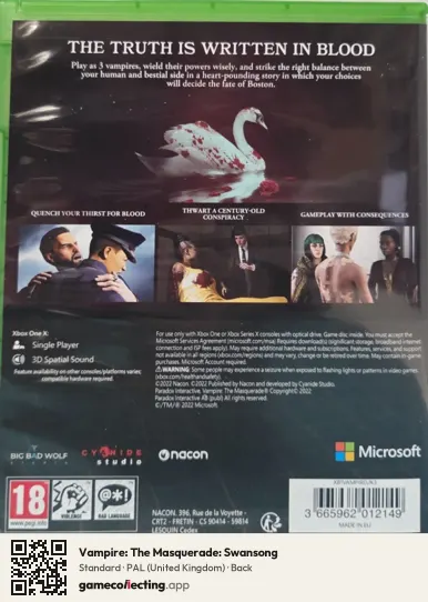 Vampire: The Masquerade: Swansong Xbox One, United Kingdom box back