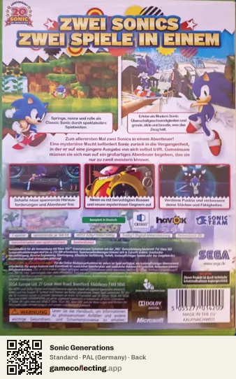 Sonic Generations Xbox 360, Germany box back