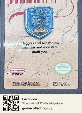 Faxanadu Nintendo Entertainment System, NTSC cartridge label