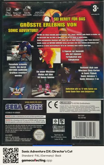 Sonic Adventure DX: Director's Cut Nintendo GameCube, Germany box back