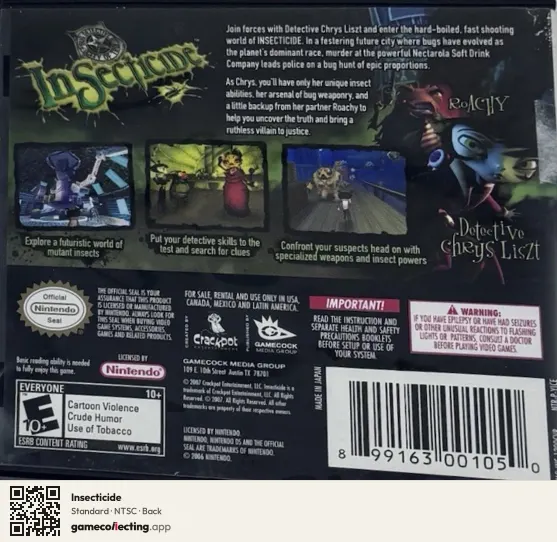 Insecticide Nintendo DS, NTSC box back