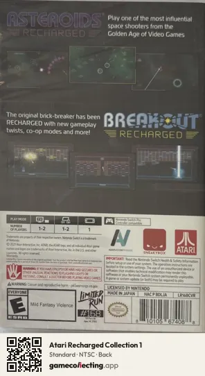 Atari Recharged Collection 1 Nintendo Switch, NTSC box back