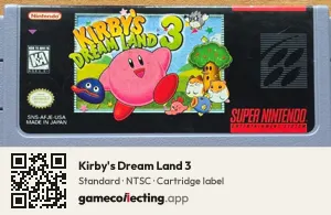 Kirby's Dream Land 3 Super Nintendo Entertainment System, NTSC cartridge label