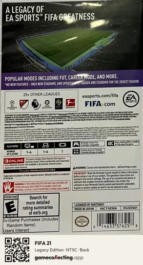 FIFA 21 Nintendo Switch, NTSC box back