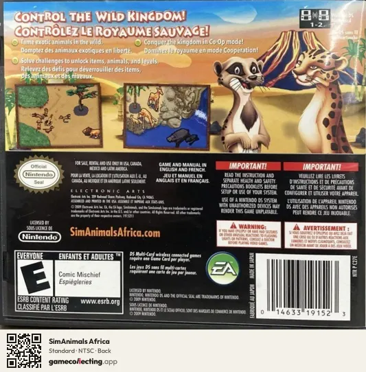 SimAnimals Africa Nintendo DS, NTSC box back