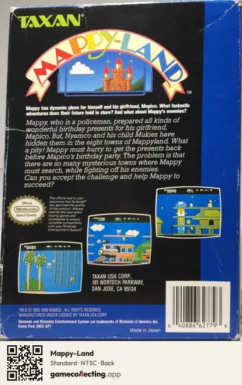 Mappy-Land Nintendo Entertainment System, NTSC box back