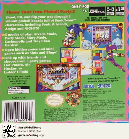 Sonic Pinball Party Game Boy Advance, NTSC box back