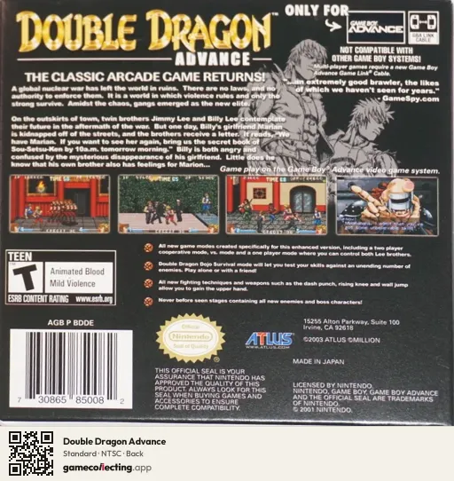 Double Dragon Advance Game Boy Advance, NTSC box back