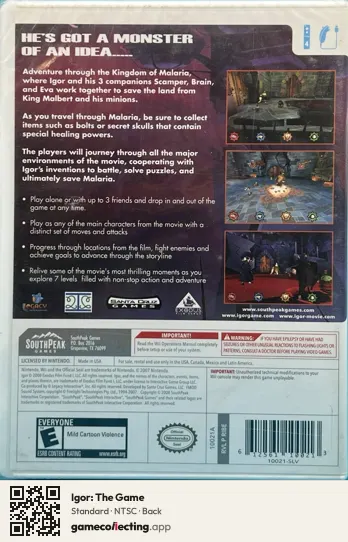 Igor: The Game Nintendo Wii, NTSC box back