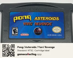 Pong / Asteroids / Yars' Revenge Game Boy Advance, NTSC cartridge label