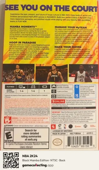 NBA 2K24 Nintendo Switch, NTSC box back