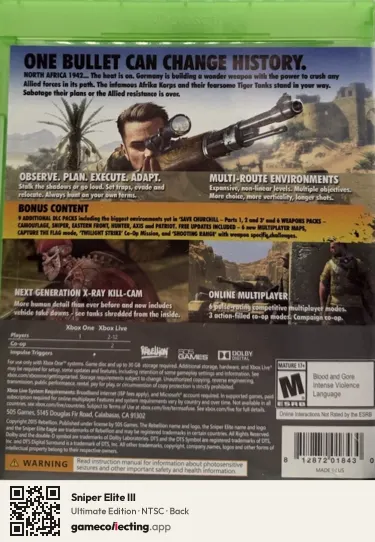 Sniper Elite III Xbox One, NTSC box back