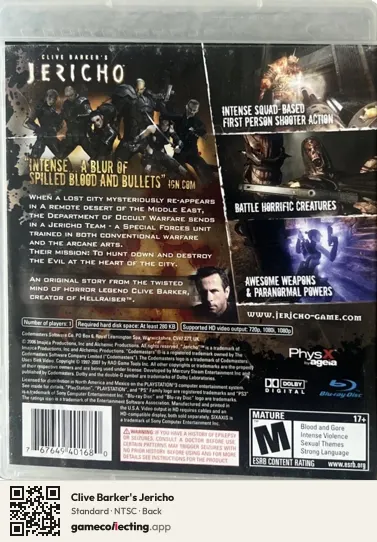 Clive Barker's Jericho PlayStation 3, NTSC box back