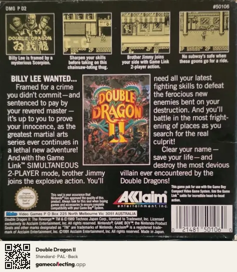 Double Dragon II Game Boy, PAL box back