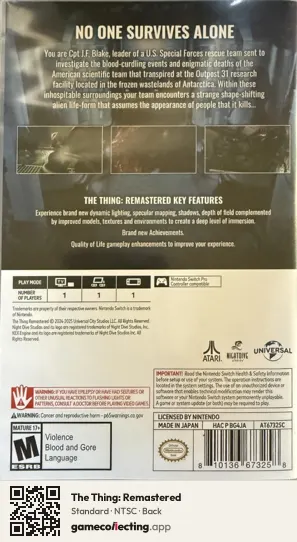 The Thing: Remastered Nintendo Switch, NTSC box back
