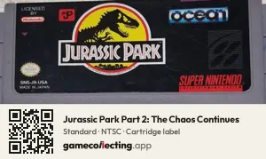 Jurassic Park Part 2: The Chaos Continues Super Nintendo Entertainment System, NTSC cartridge label