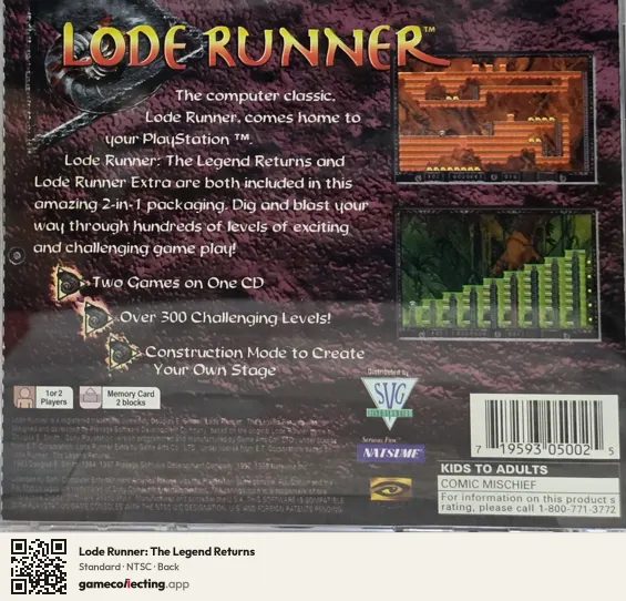 Lode Runner: The Legend Returns PlayStation, NTSC box back