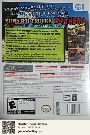 Monster Trucks Mayhem Nintendo Wii, NTSC box back