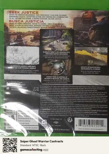 Sniper Ghost Warrior Contracts Xbox One, NTSC box back