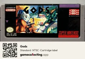 Gods Super Nintendo Entertainment System, NTSC cartridge label