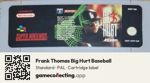 Frank Thomas Big Hurt Baseball Super Nintendo Entertainment System, PAL cartridge label