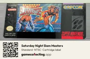 Saturday Night Slam Masters Super Nintendo Entertainment System, NTSC cartridge label