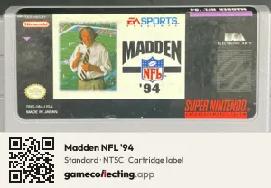 Madden NFL '94 Super Nintendo Entertainment System, NTSC cartridge label