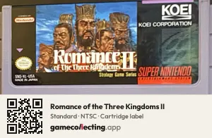 Romance of the Three Kingdoms II Super Nintendo Entertainment System, NTSC cartridge label