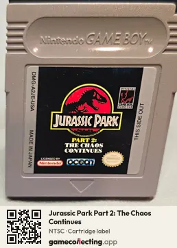 Jurassic Park Part 2: The Chaos Continues Game Boy, NTSC cartridge label