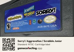 Sorry! / Aggravation / Scrabble Junior Game Boy Advance, NTSC cartridge label