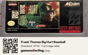 Frank Thomas Big Hurt Baseball Super Nintendo Entertainment System, NTSC cartridge label
