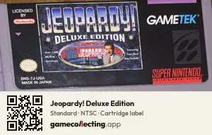 Jeopardy! Deluxe Edition Super Nintendo Entertainment System, NTSC cartridge label