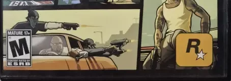 Grand Theft Auto: San Andreas, the ESRB box on its front